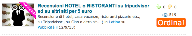 Ecco uno che prova a vendere recensioni da pubblicare su Tripadvisor e altri portali