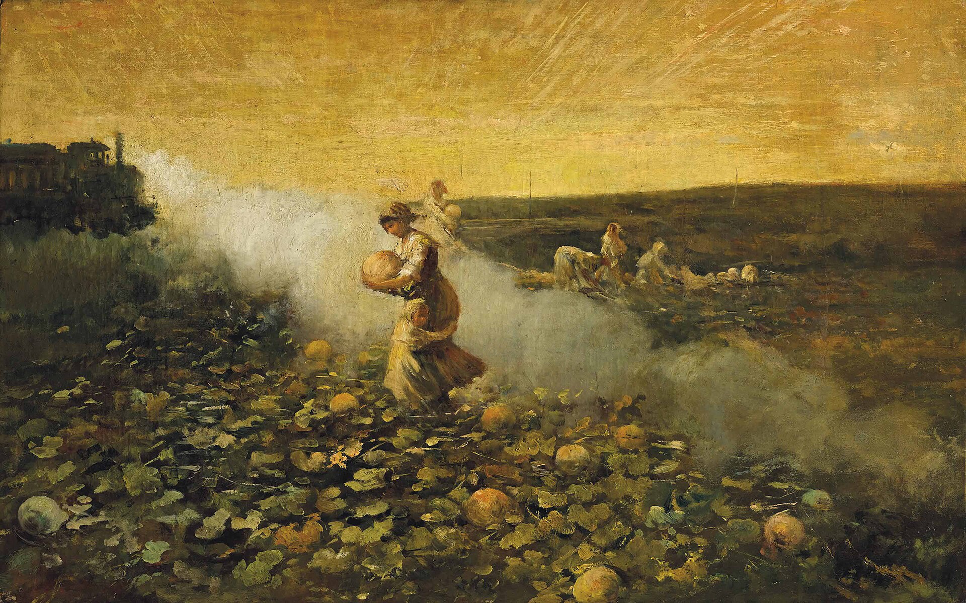 Dipinto di una contadina che raccoglie zucche in un campo avvolto dalla nebbia al tramonto